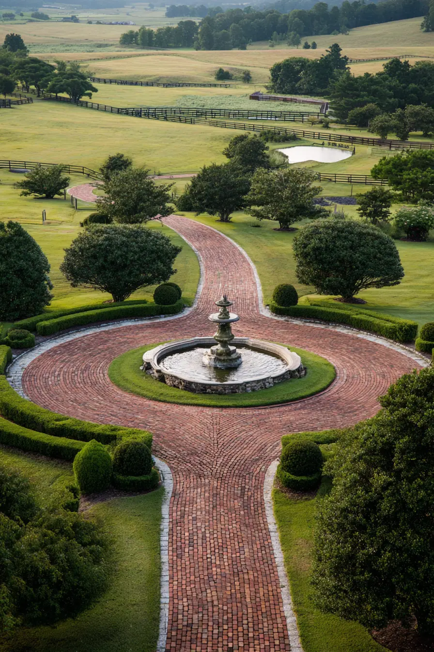 Elegant Brick Oval Driveway with Fountain