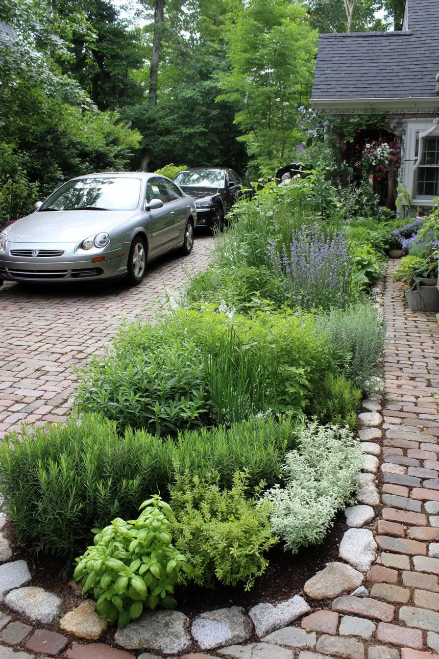 Lush Green Driveway Island with Herbs