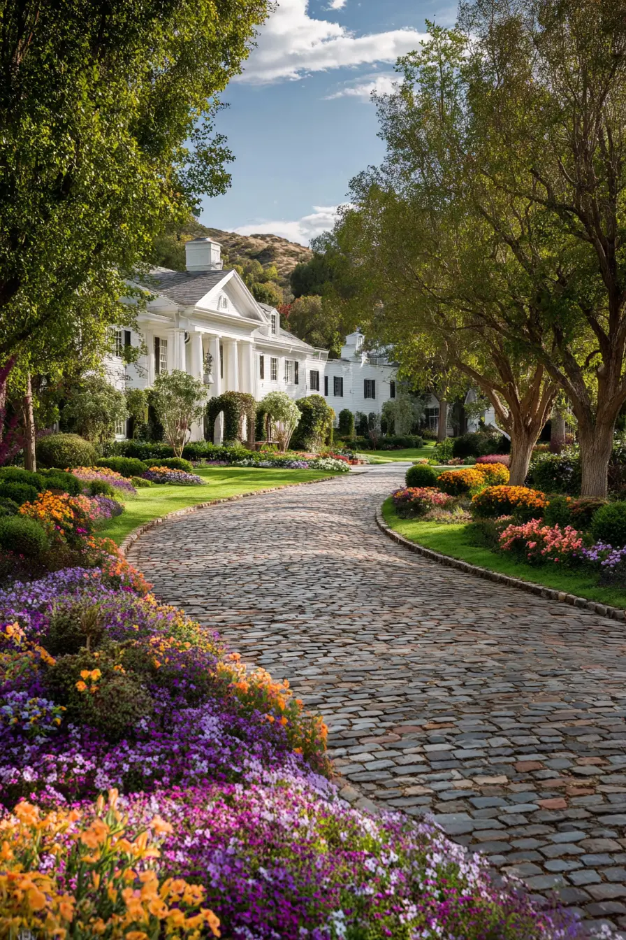 Classic Driveway with Stone Path and Elegant Pillars