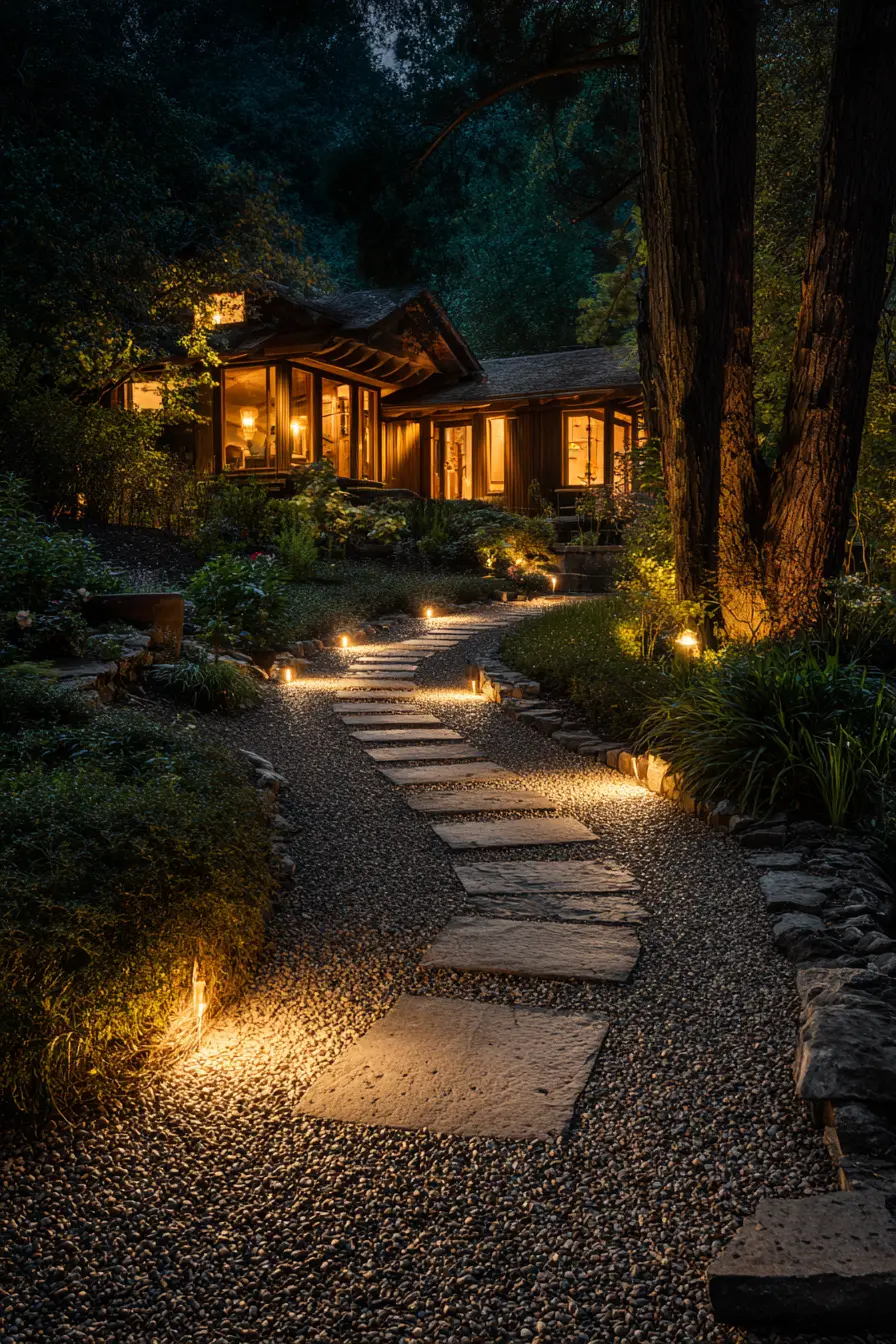 Warm Gravel Driveway with Subtle Path Lighting