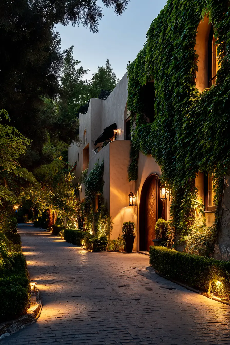 Elegant Driveway Framed with Ivy and Warm Lighting