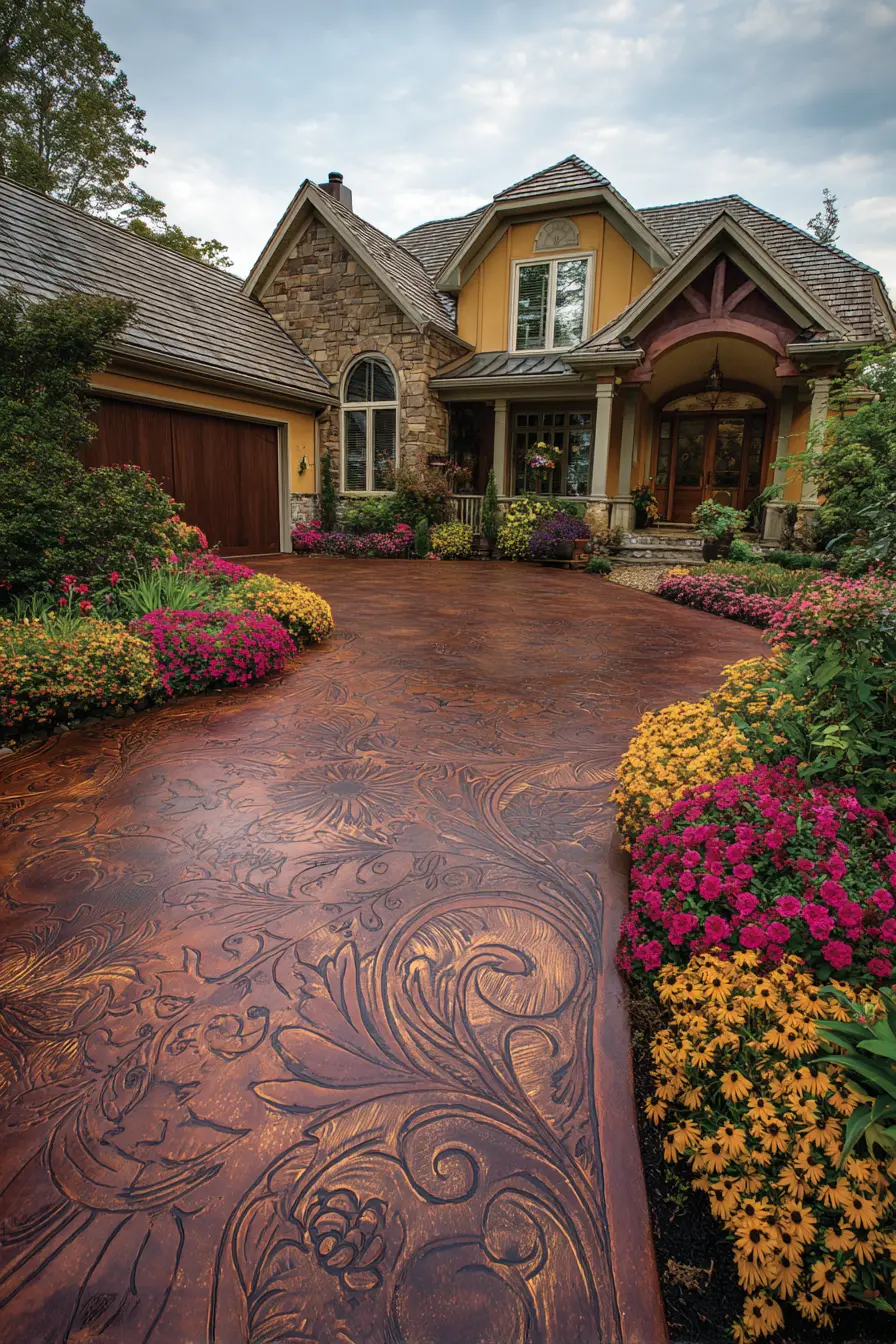 Decorative Stamped Driveway with a Grand Entrance