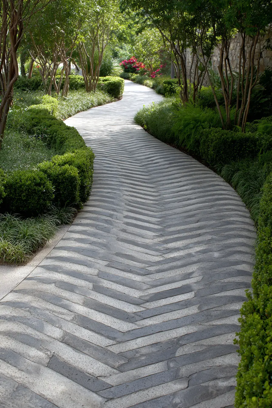 Zigzag Cement Walkway with Garden Charm