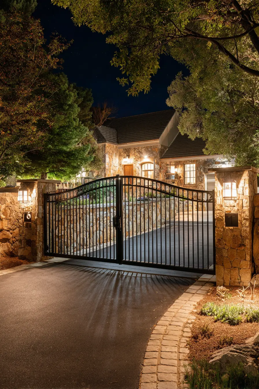 Warm Stone Entrance with Inviting Gate Lights
