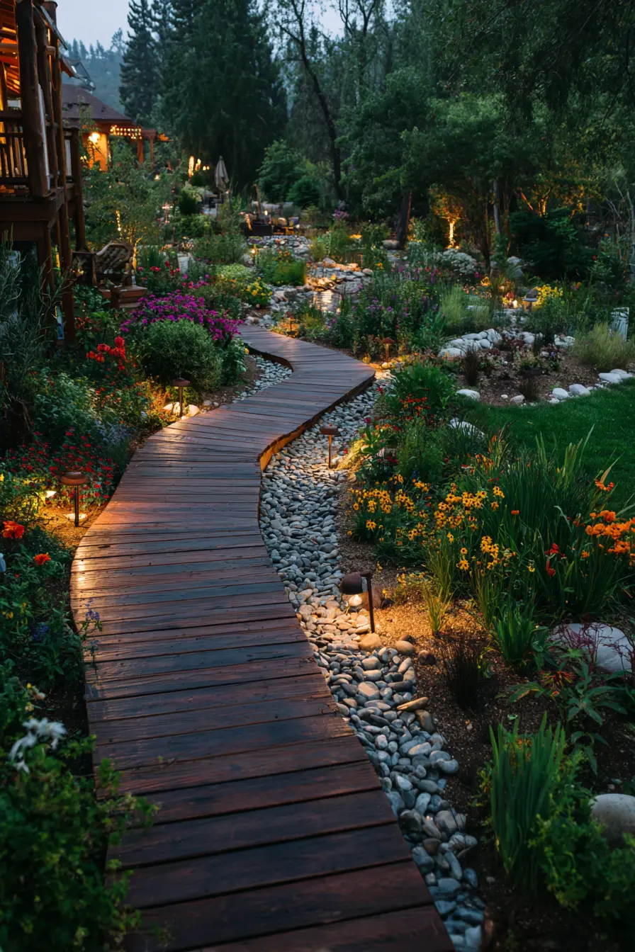 Serene Wooden Pathway with Garden Lighting