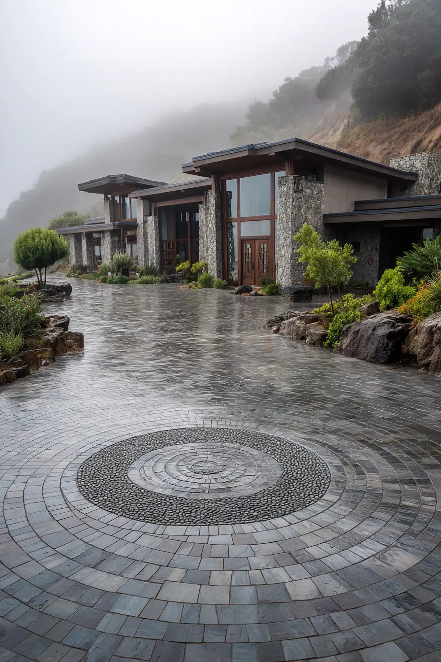 Sleek Cobblestone Driveway with Modern Stonework Charm
