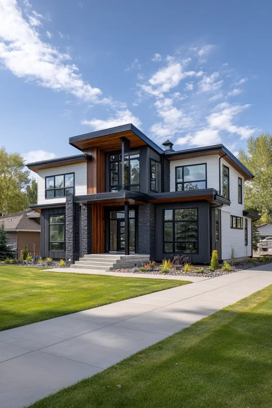 Modern Facade with Bold Lines and Natural Accents