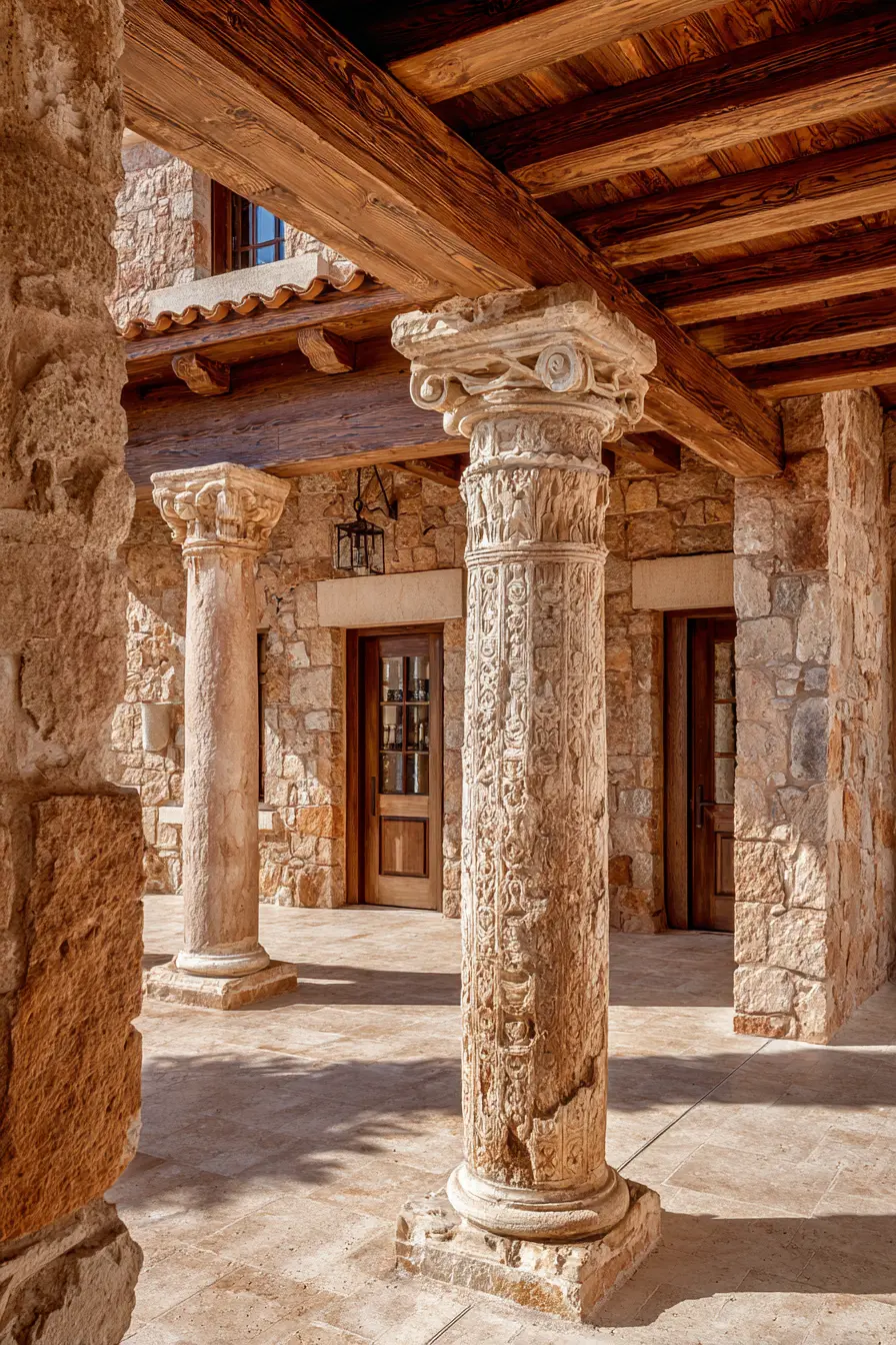 Rustic Stone Columns with Timber Beam Wraps