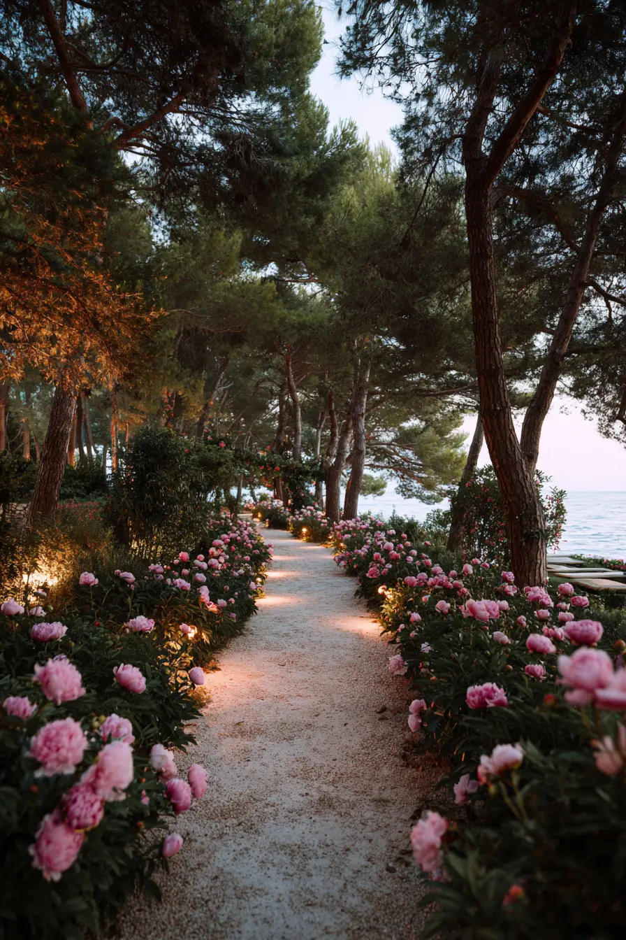 Enchanting Gravel Walkway with Blooming Peonies