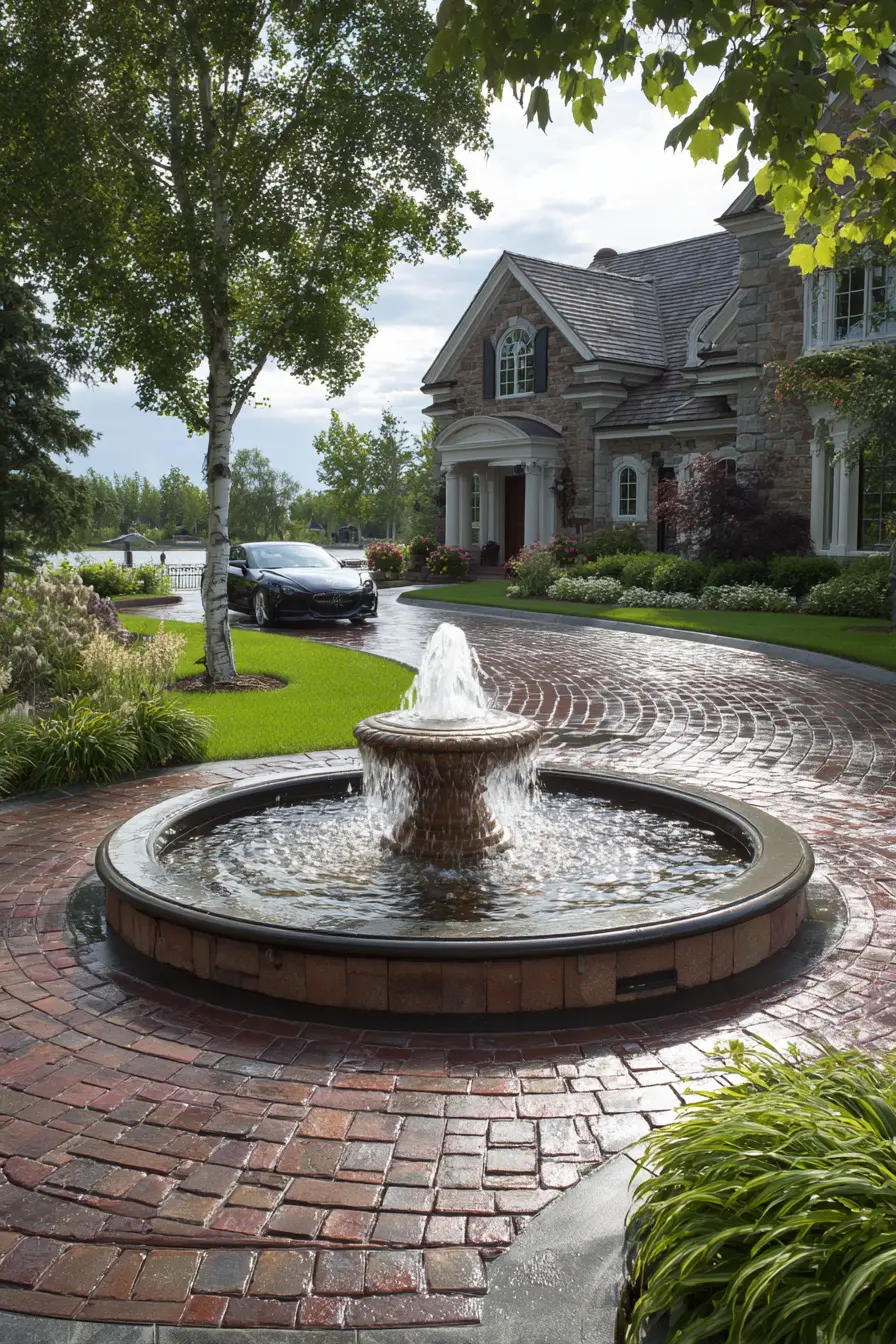 Elegant Brick Circle Driveway with Fountain