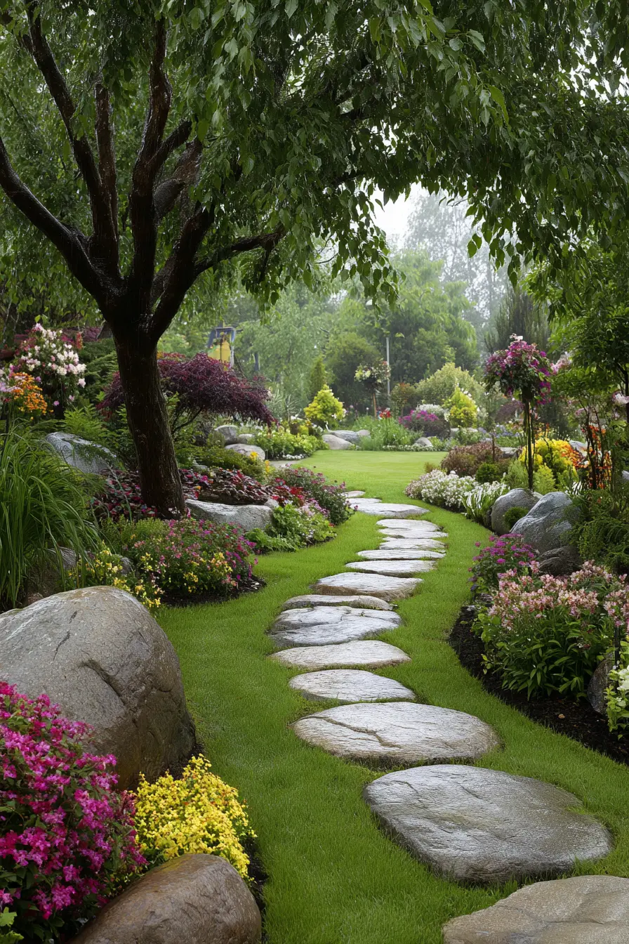 Natural Stone Pathway with Garden Charm