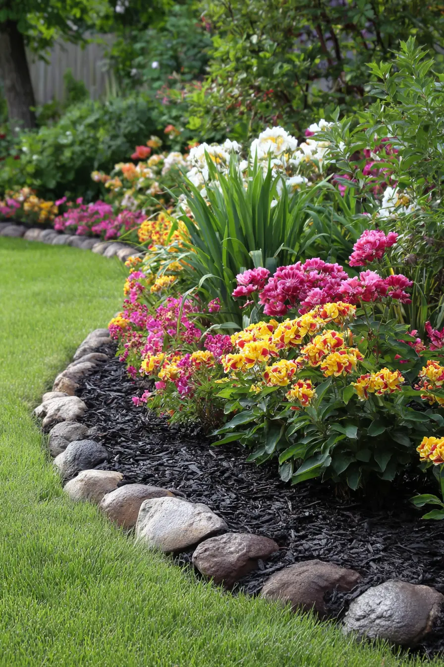 Natural Stone Border with Vibrant Flower Bed