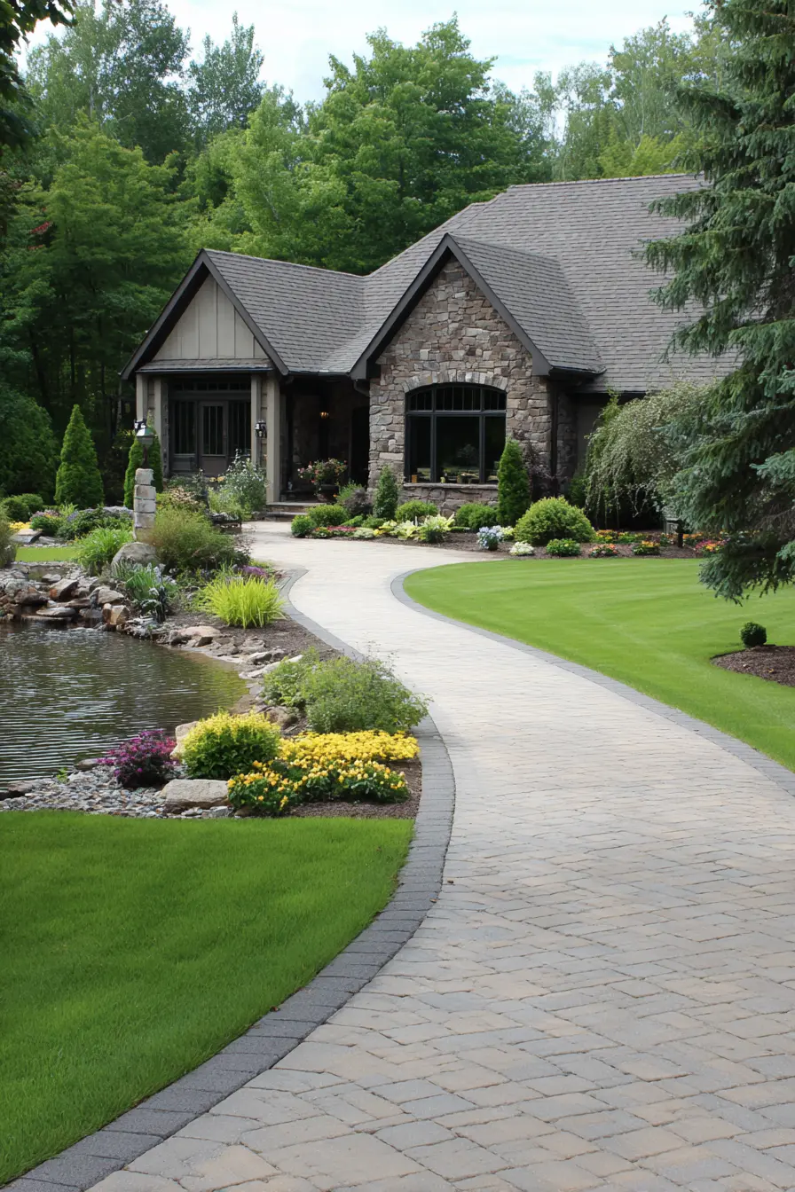 Stone Driveway with Serene Garden Touch