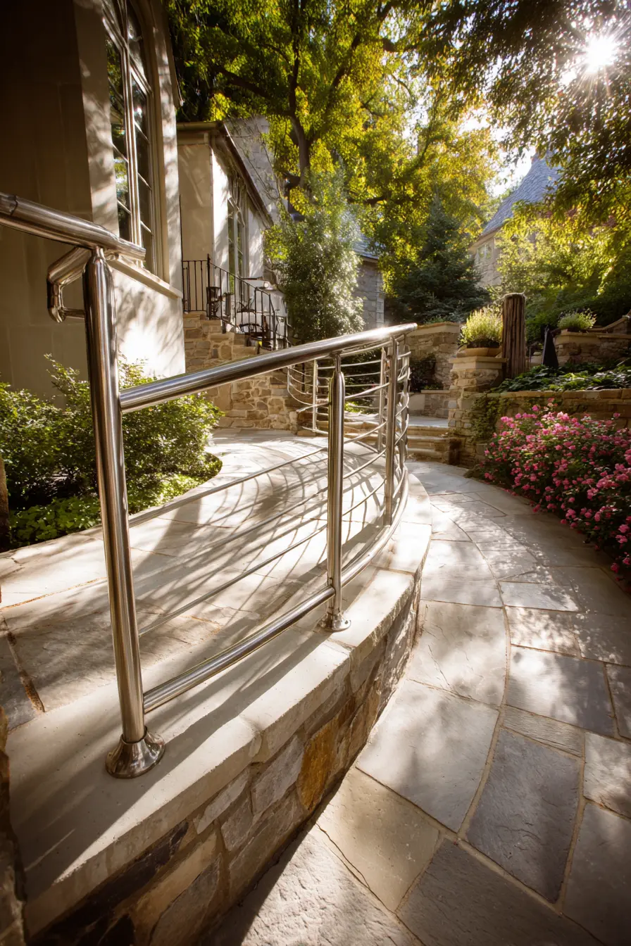 Sleek Stainless-Steel Ramp Handrail with Garden View