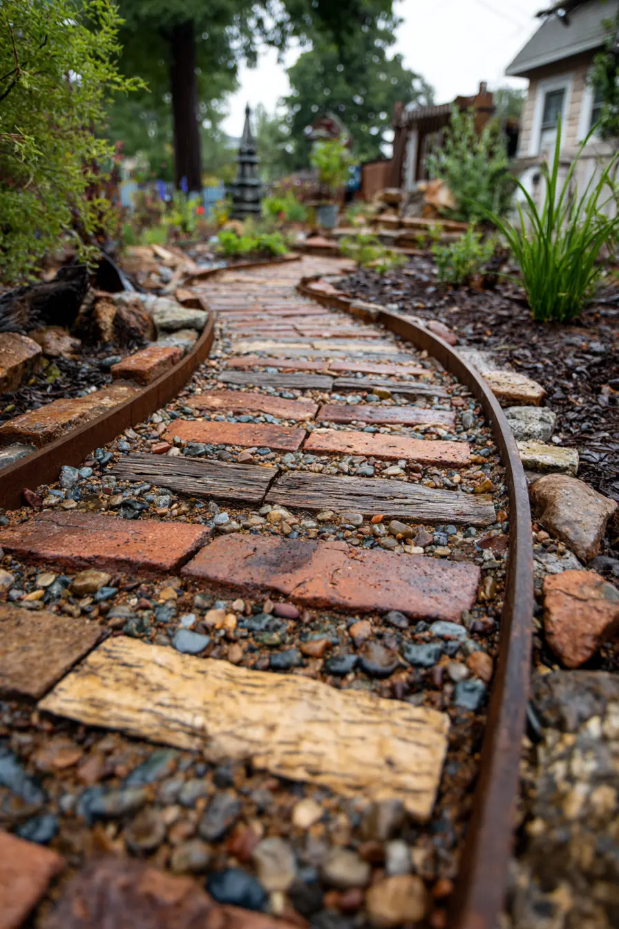 Rustic Brick and Railroad Tie Walkway