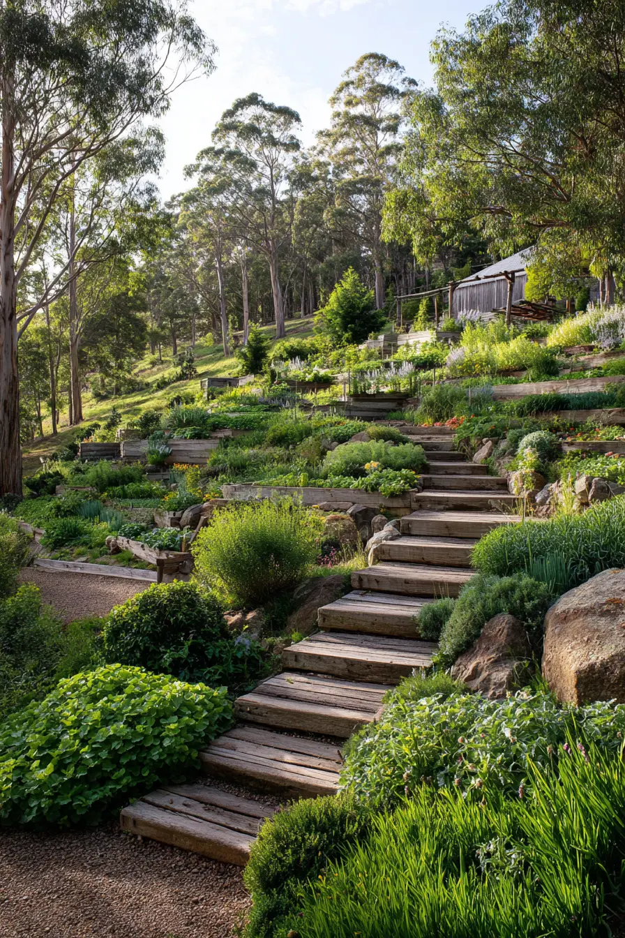 Rustic Wooden Steps for Sloped Garden Charm