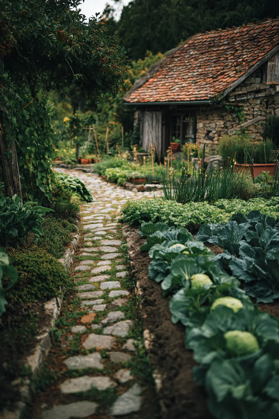 Rustic Stone Pathway in a Lush Vegetable Garden