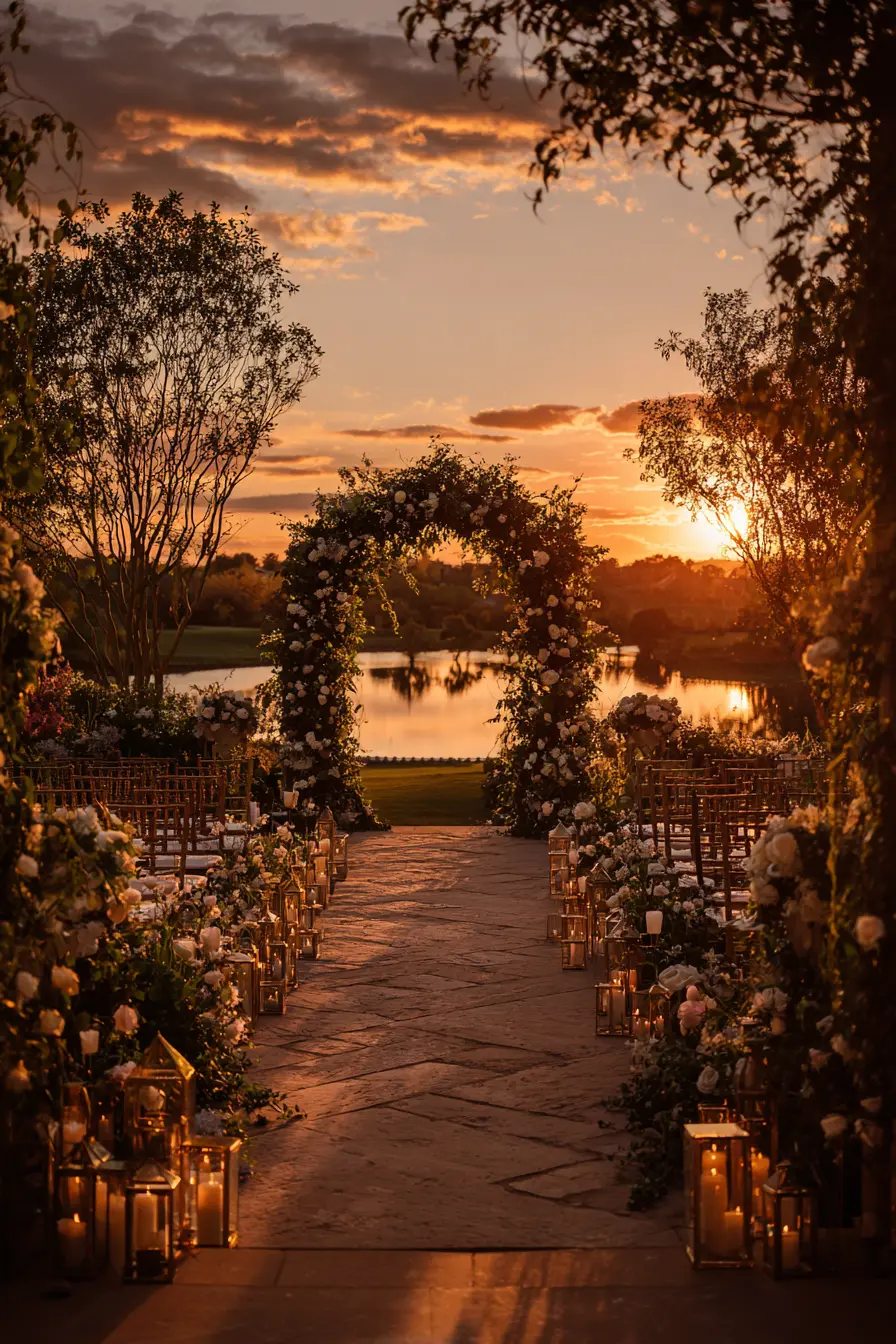 Sunset Pathway with Floral Arch