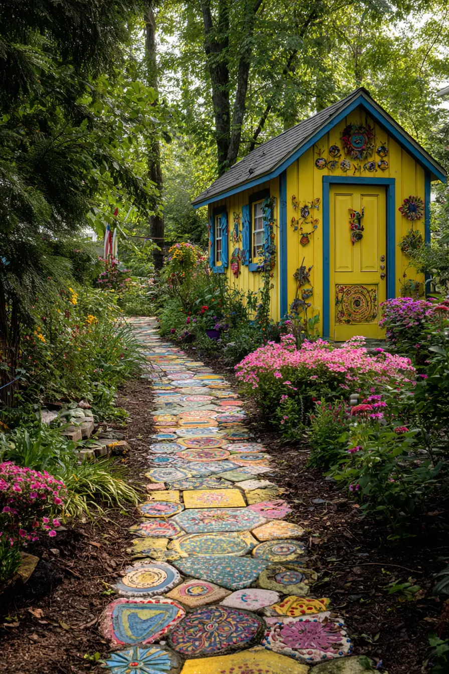 Bright Mosaic Walkway to a Cheerful Shed