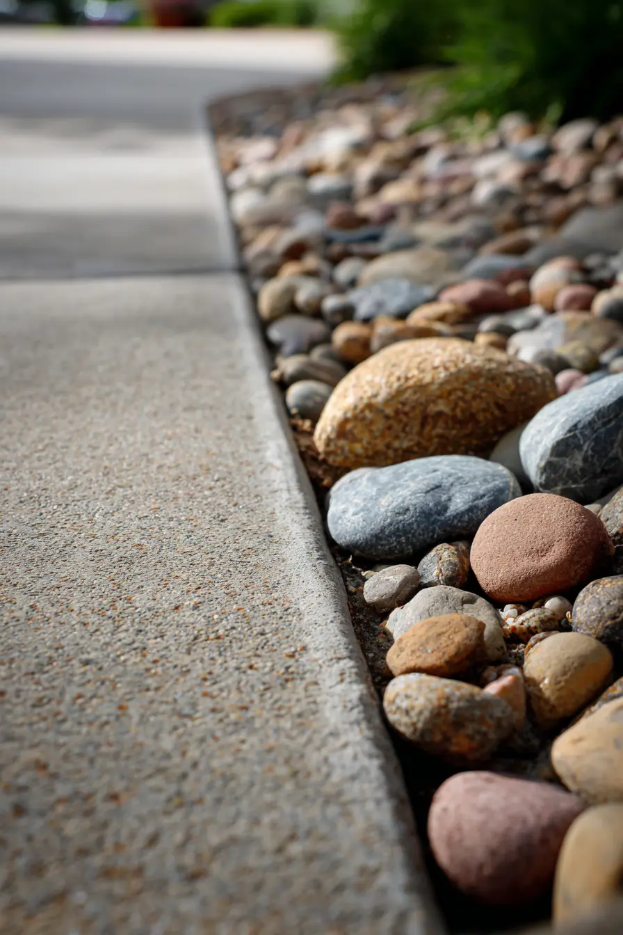 Natural River Rock Border Along Concrete Driveway