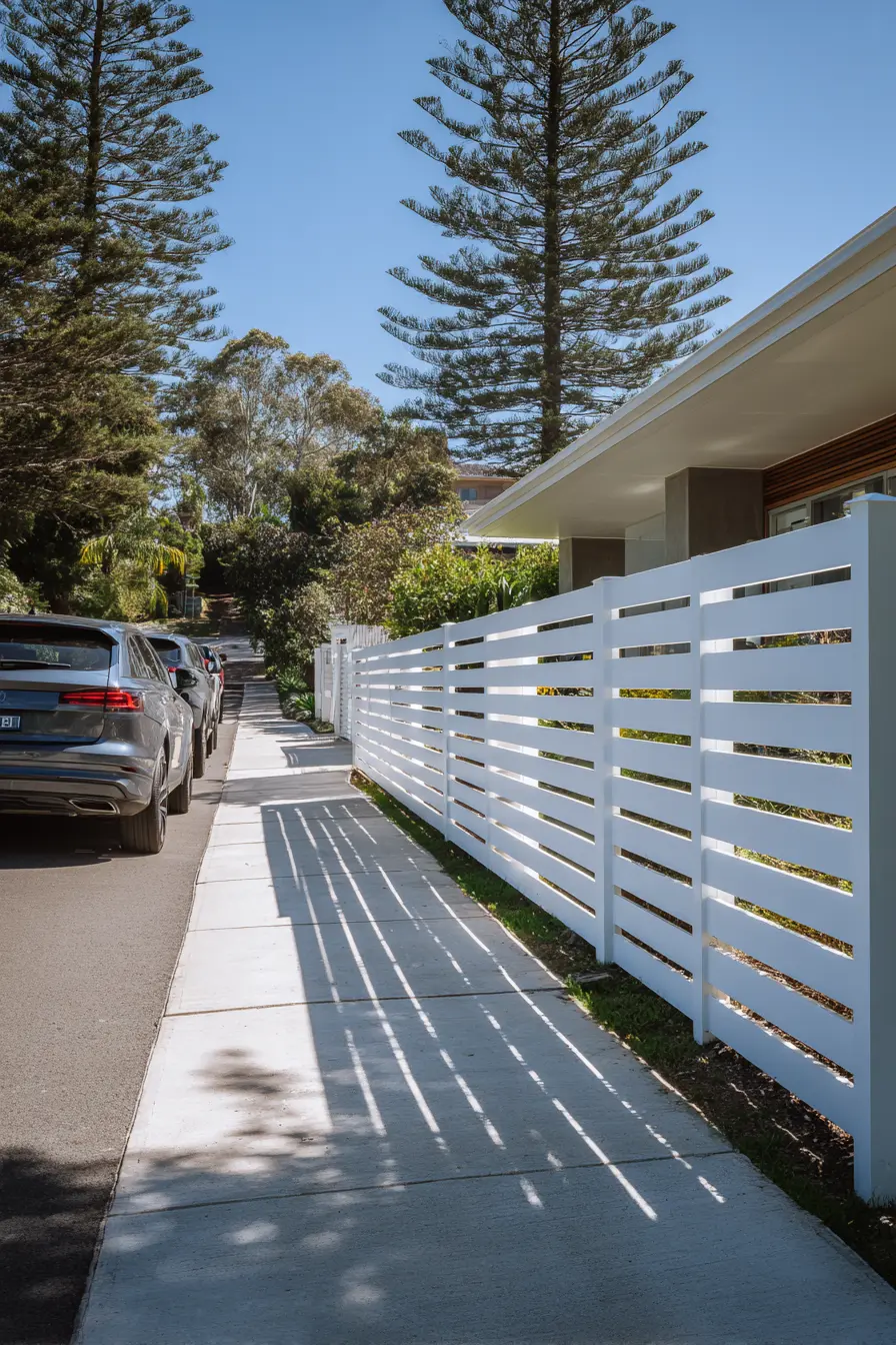 Sleek White Slat Fence for Shared Driveways