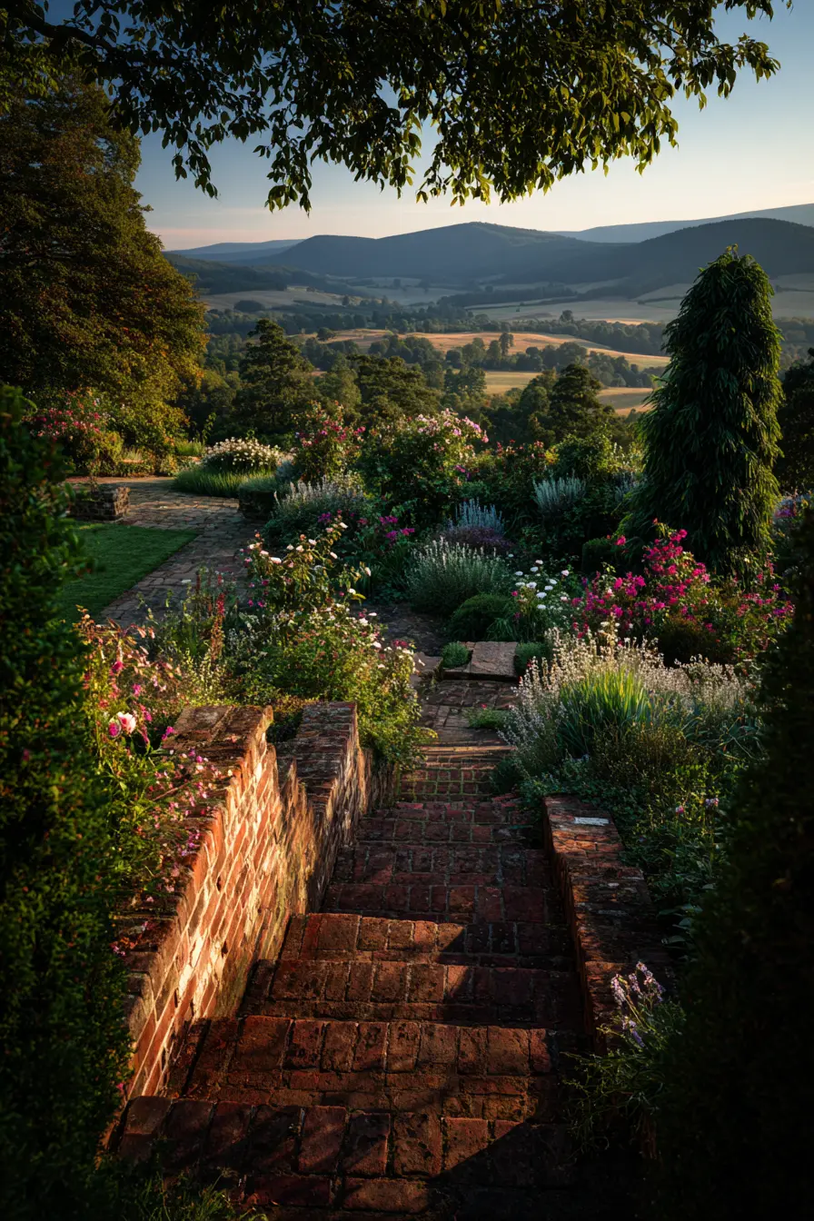 Brick Garden Stairs with Scenic Backdrop