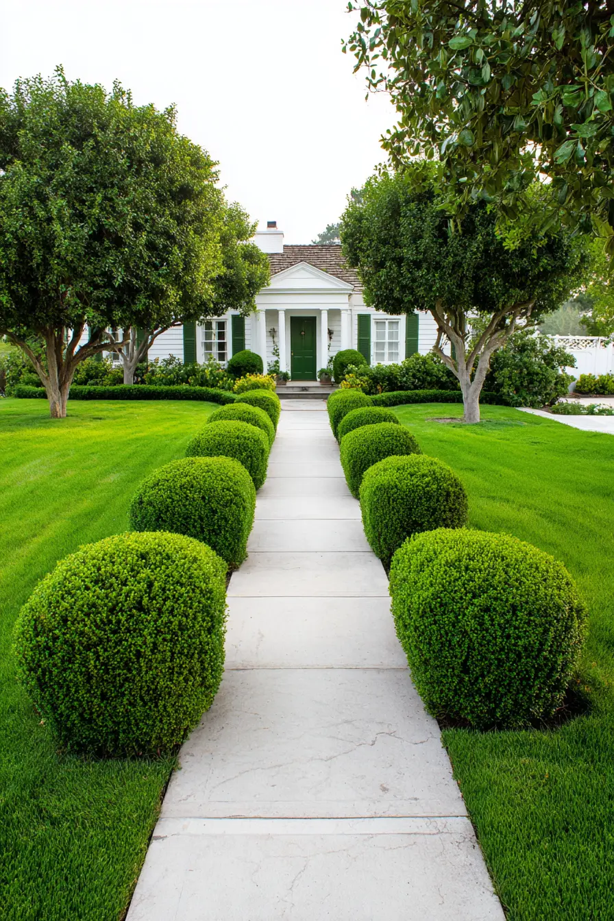 Classic Concrete Pathway with Lush Green Symmetry