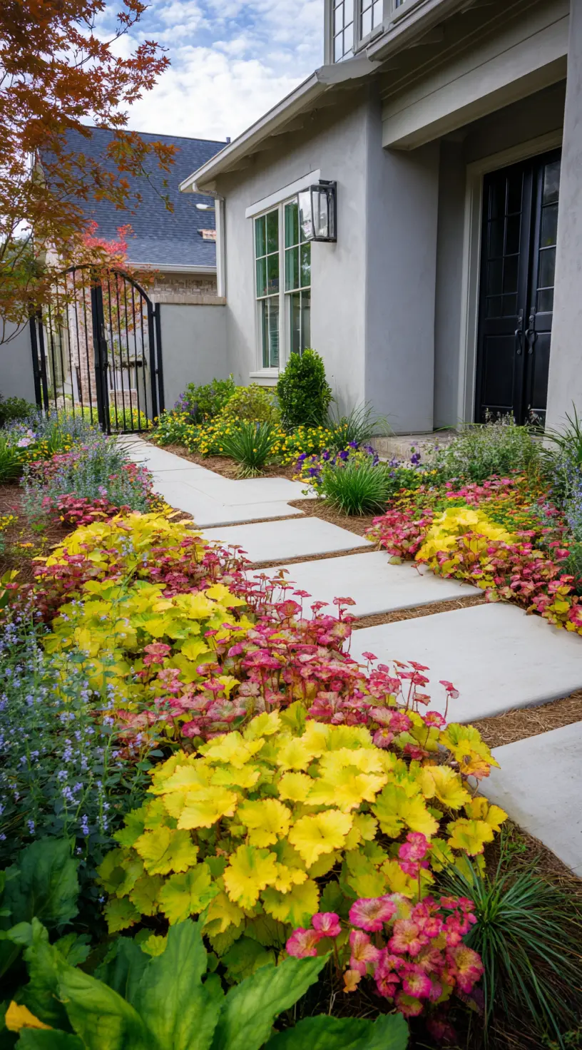 Heuchera Lighting Up a Modern Walkway