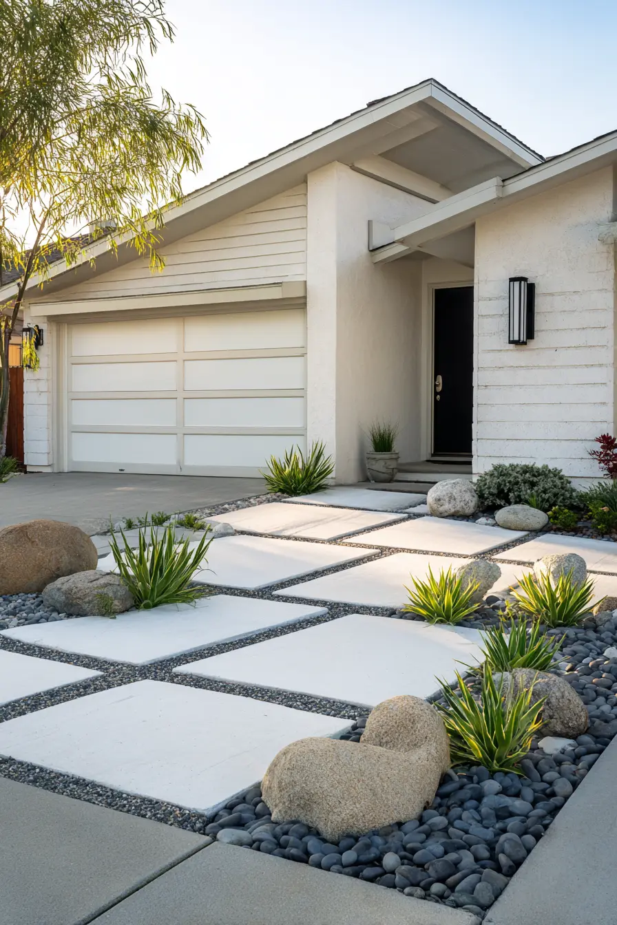 Modern Driveway with Minimalist Rock Garden