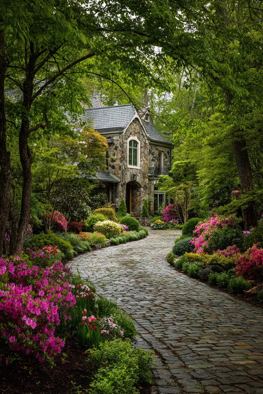 Cobblestone Driveway with Blooming Garden Borders