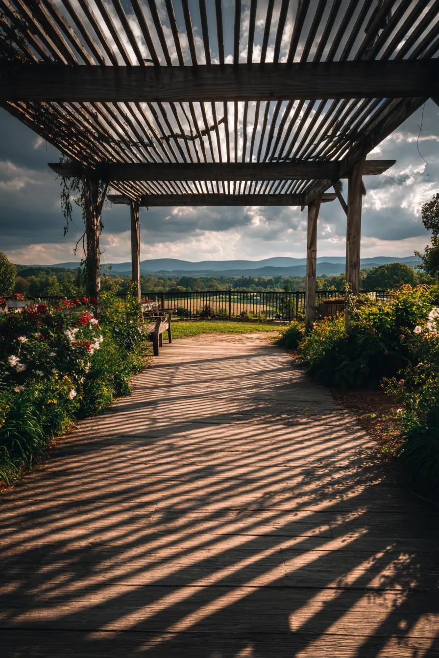 Rustic Slatted Pergola for Striking Driveway Shade