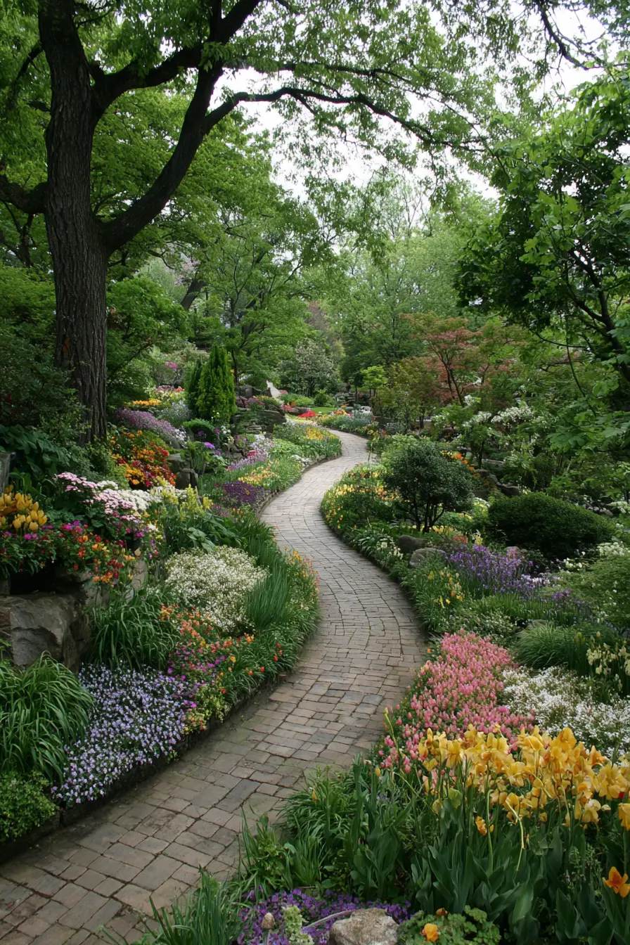 Brick Walkway Surrounded by Blooming Borders