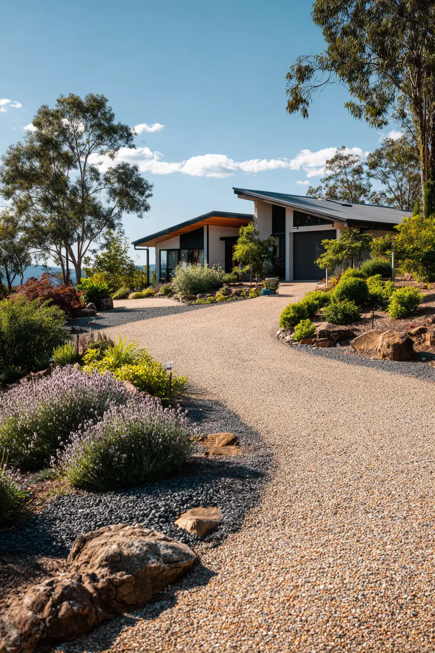 Curved Gravel Driveway with Planting Beds for Drainage