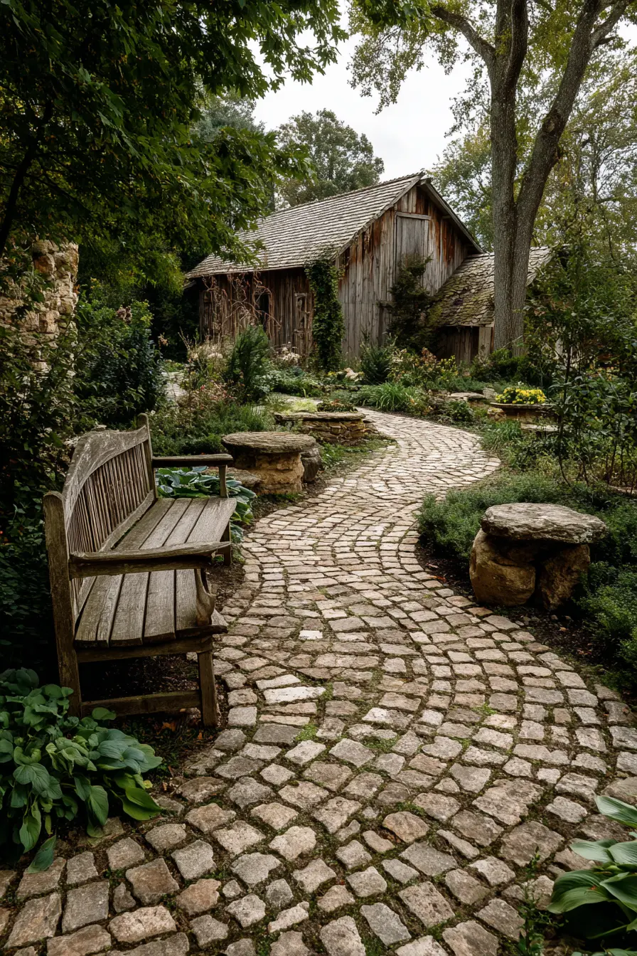 Cottage Style Cement Walkway with Cobblestone Charm