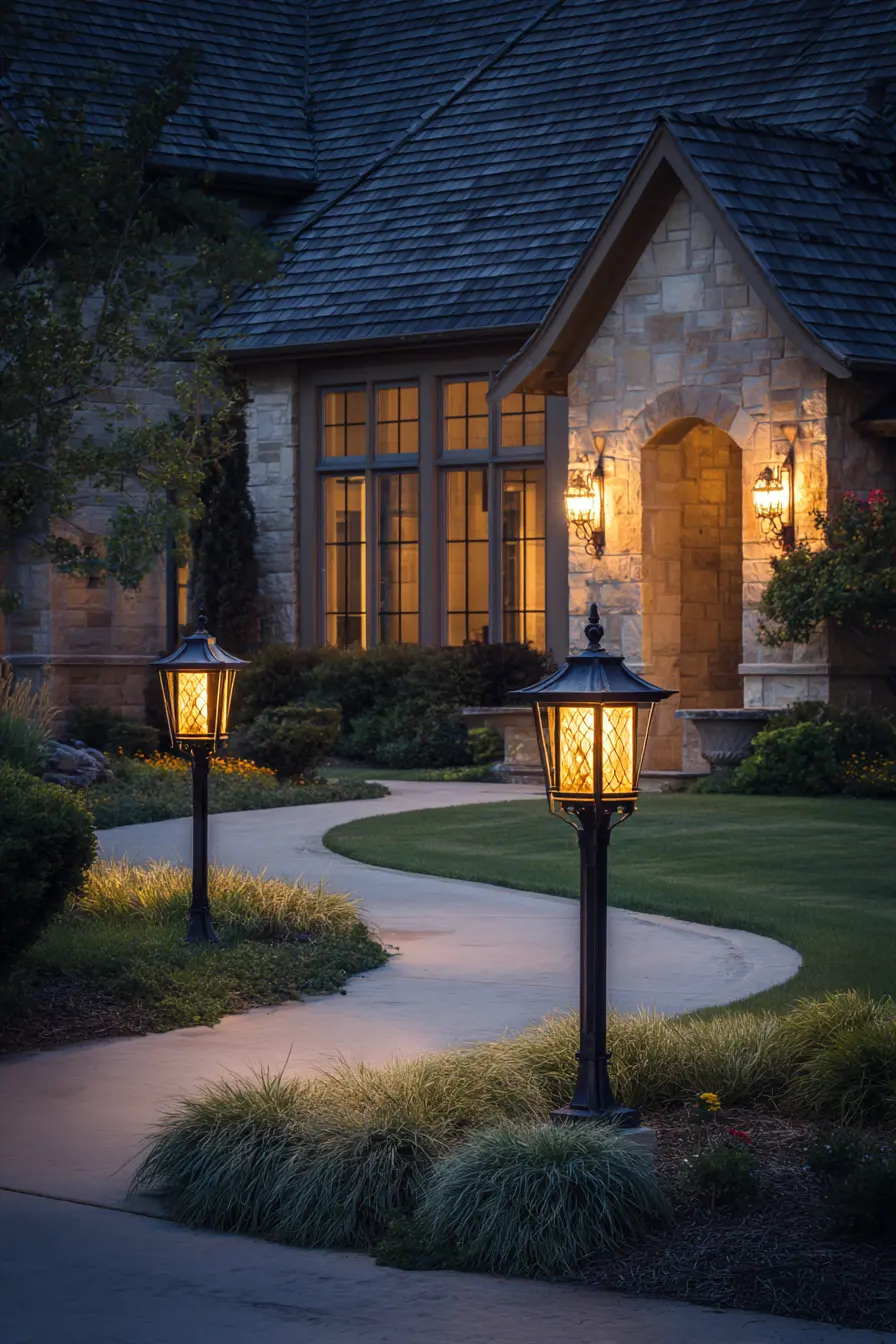 Charming Pathway with Vintage Lantern Posts