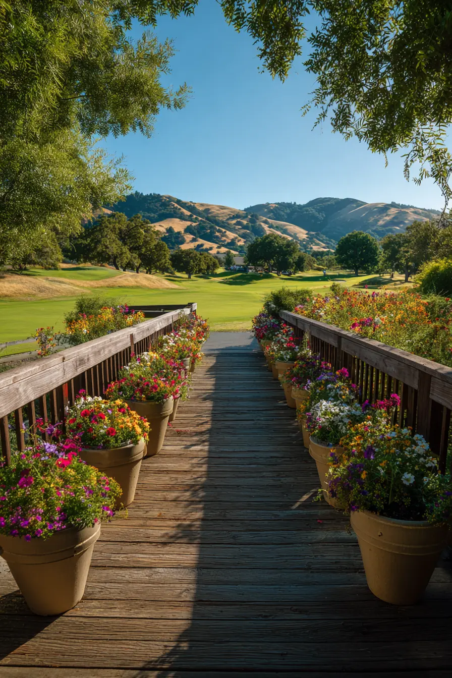 Wooden Pathway Framed with Flowering Pots