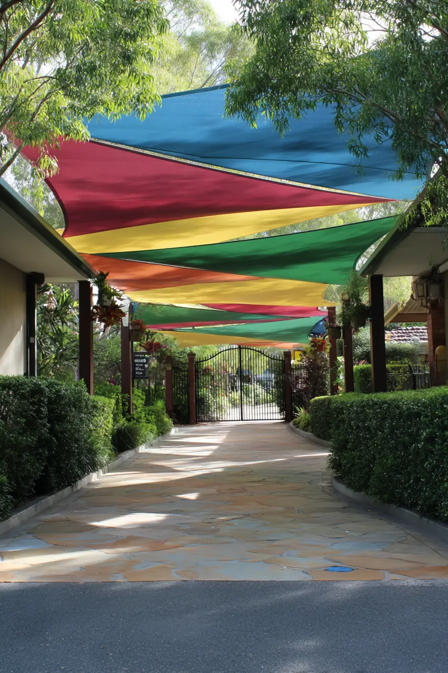 Colorful Shade Sail Driveway Cover
