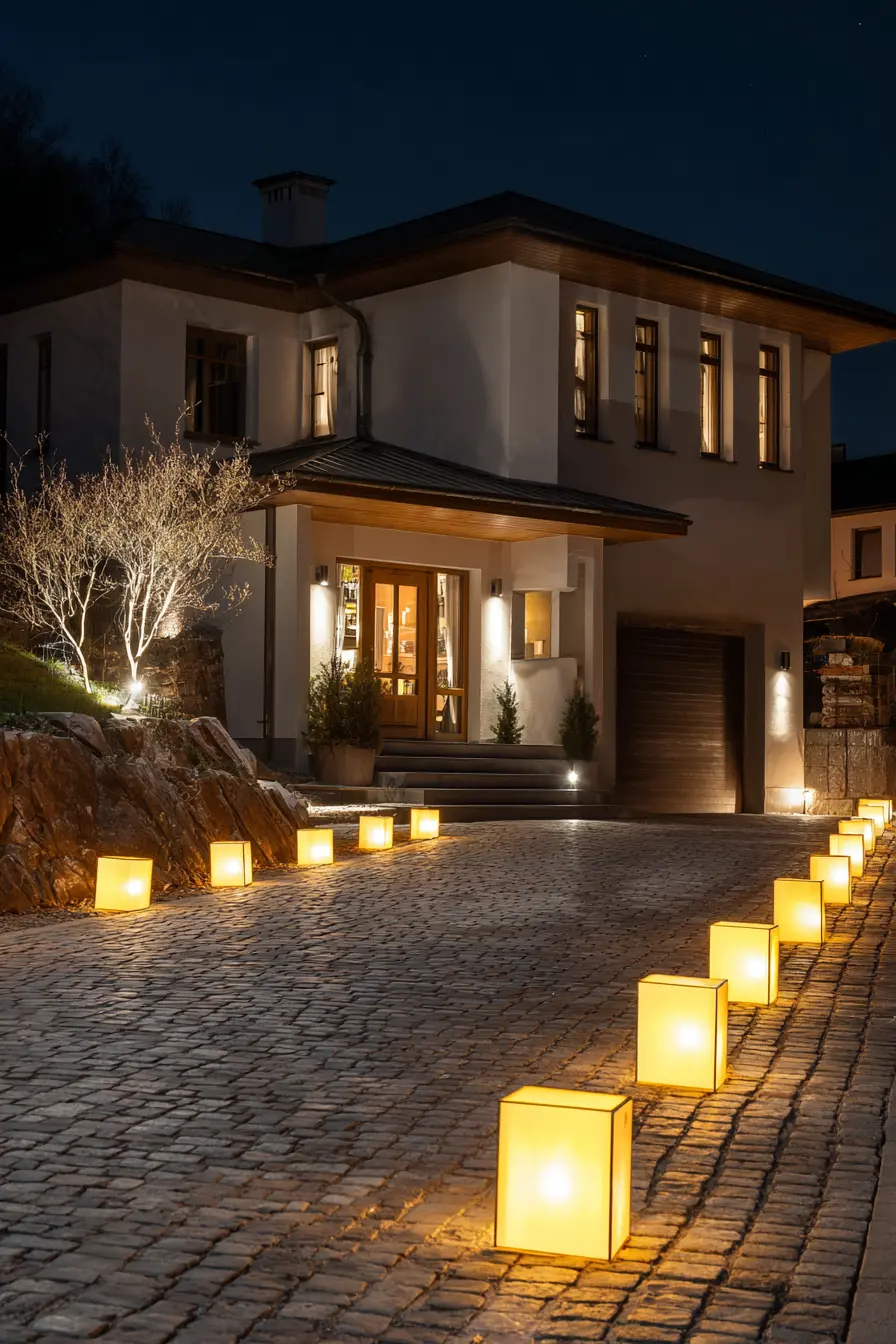 Modern Cobblestone Driveway with Ambient Night Lighting
