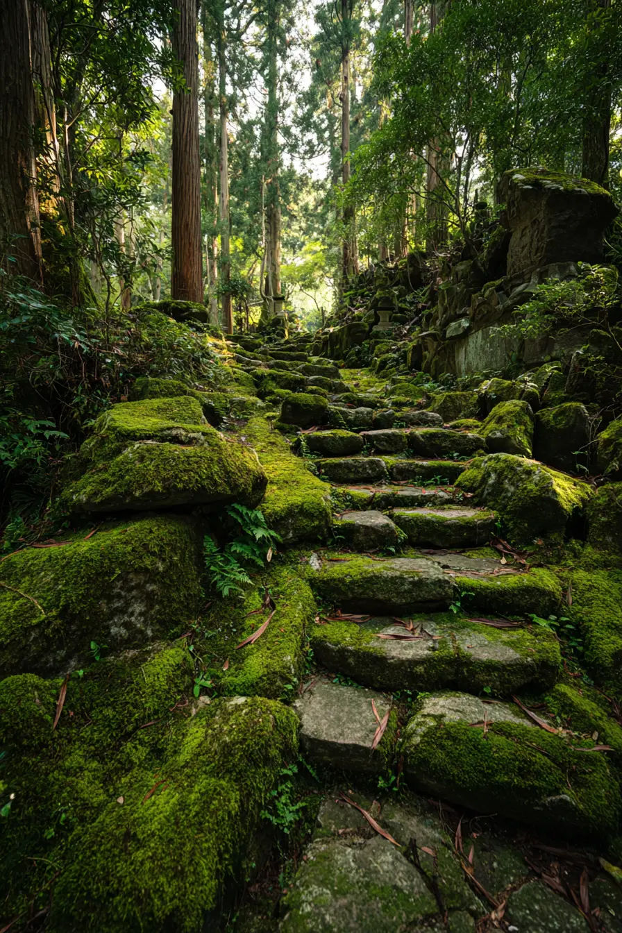 Ancient Mossy Stone Steps in a Forest Hillside
