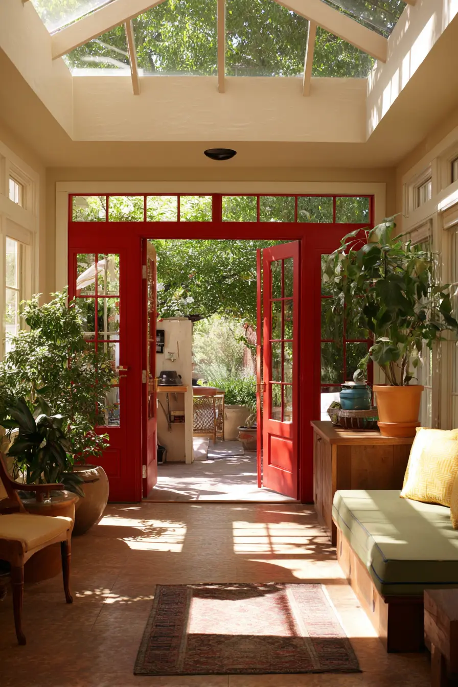 Bold Red Doors Bringing Energy to the Sunroom