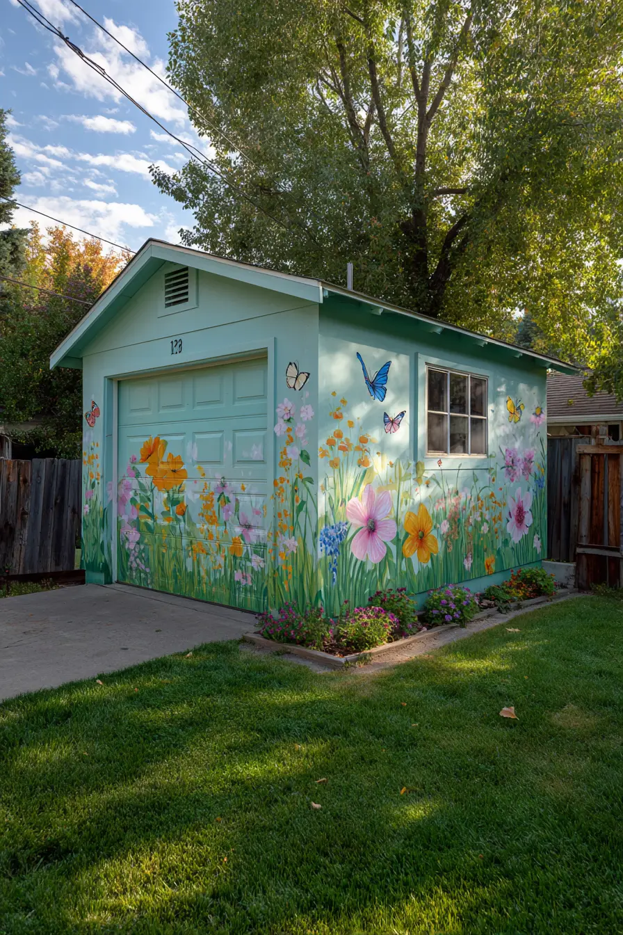 Whimsical Floral Metal Shed with Mural Art