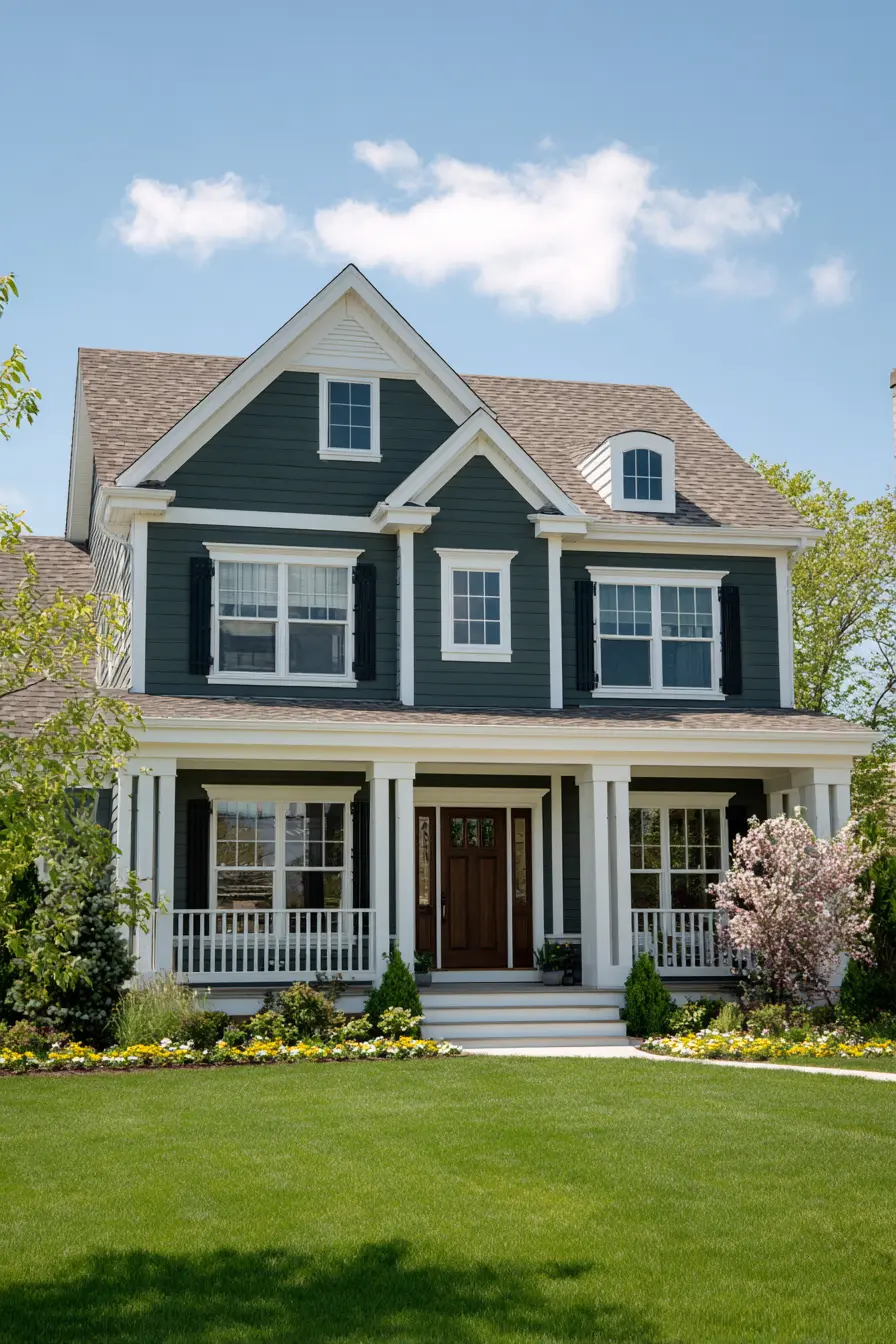 Modern Colonial with Dark Green Exterior and White Trim