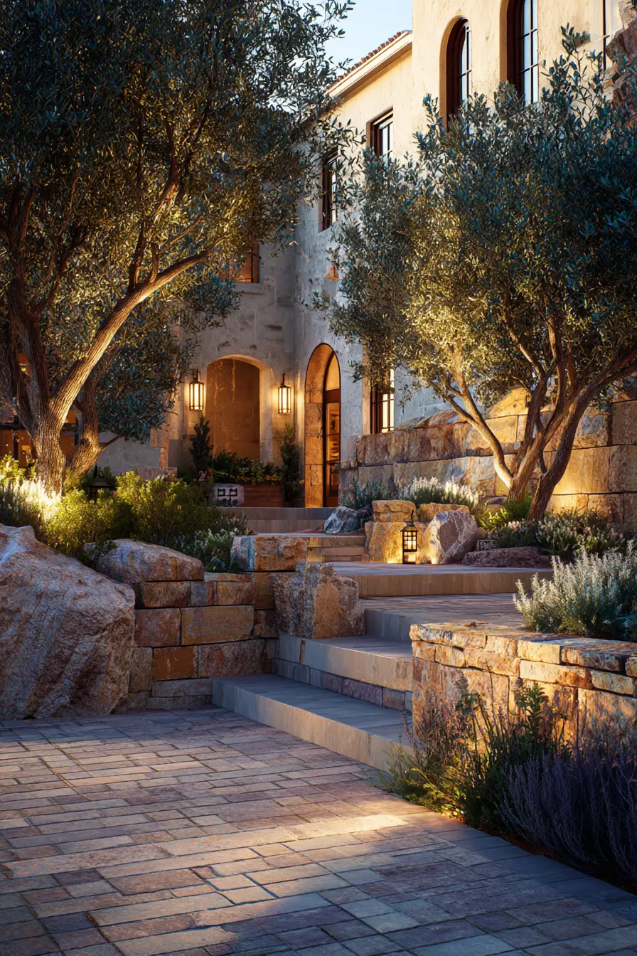 Stone Terraces and Lighting Bring Depth to Front Yards