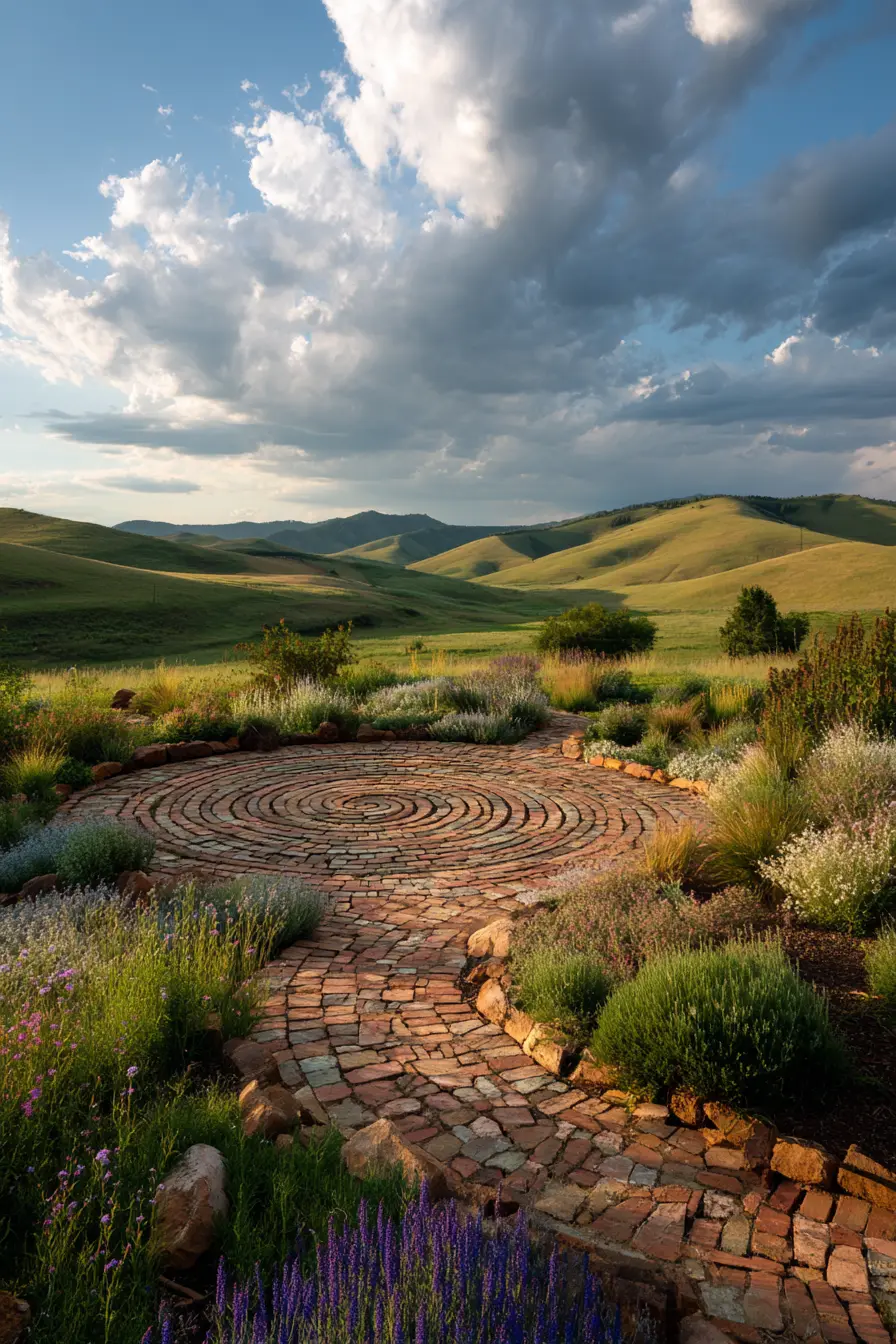 Circular Brick Patio with Scenic Mountain Backdrop