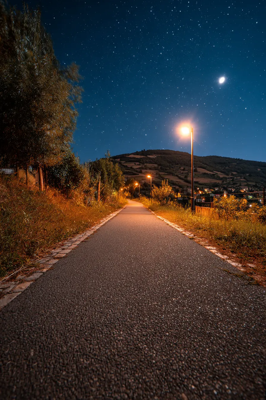 Gravel Pathway Under the Stars with Warm Lighting