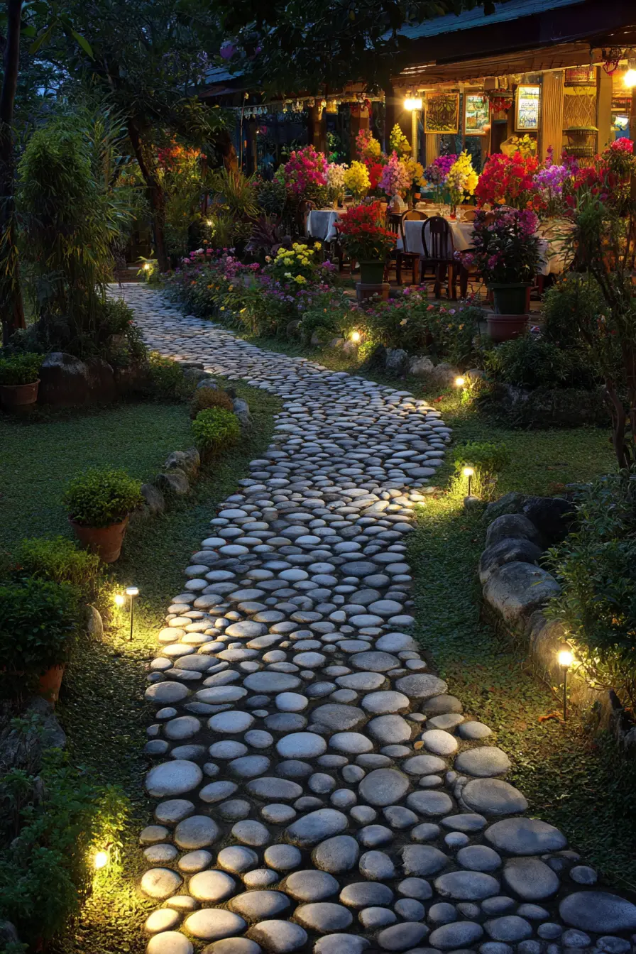 Pebble Stone Pathway with Evening Garden Glow