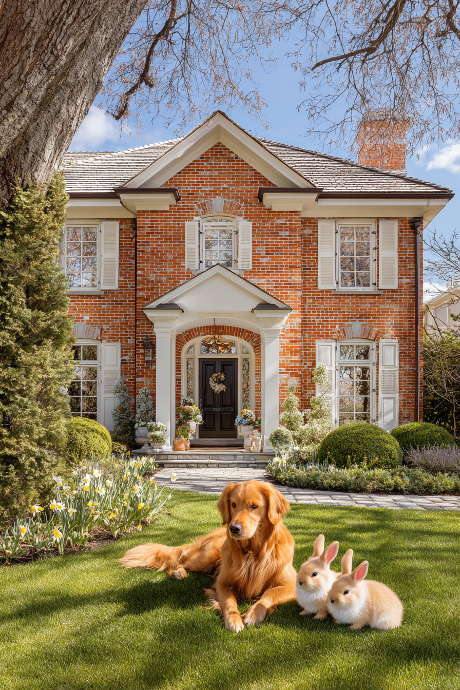 Soft Neutrals with White Shutters on Red Brick