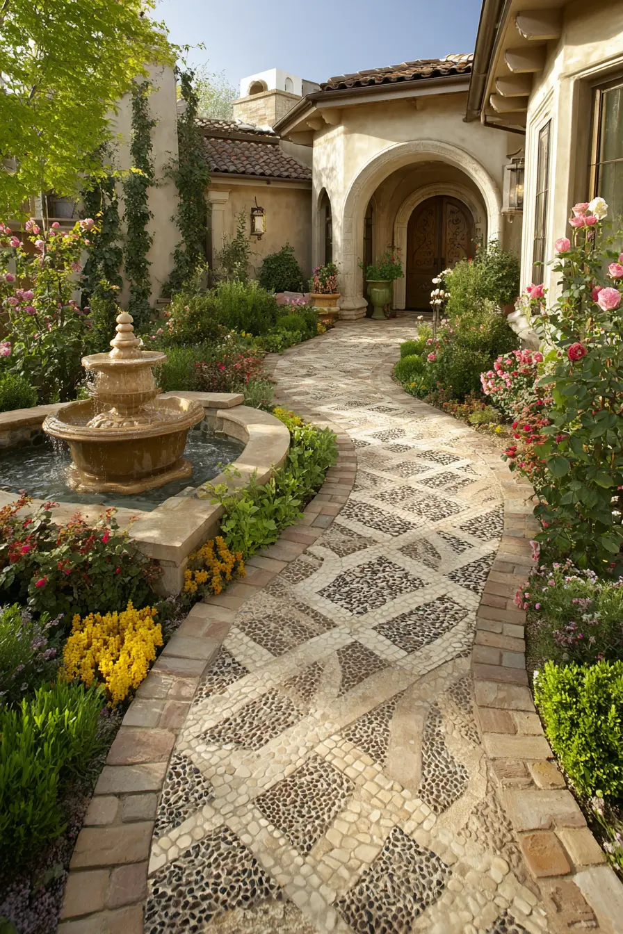 Mediterranean Driveway with Pebble Mosaic Path
