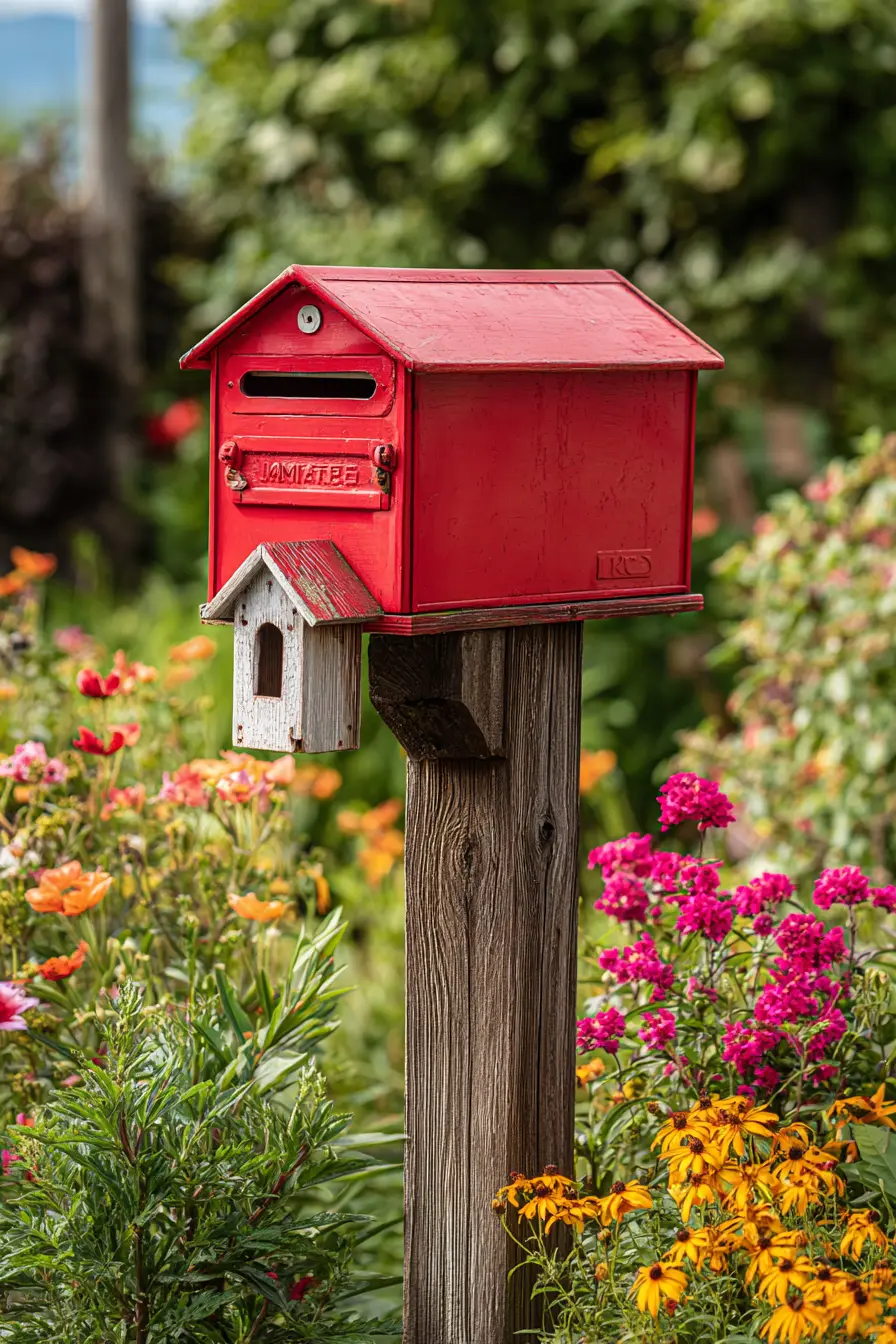 Bright Red Mailbox with Birdhouse Accent