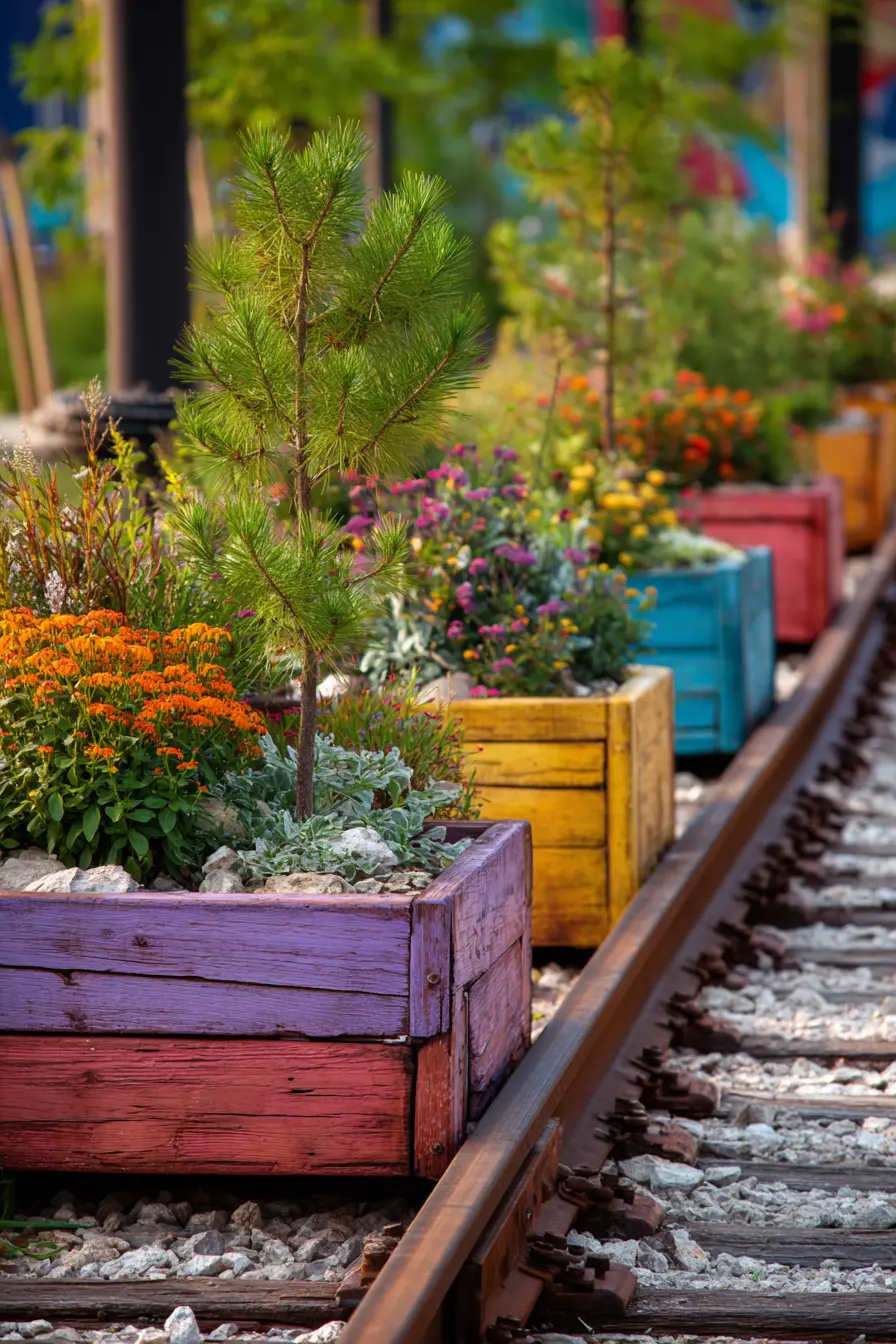 Colorful Railroad Tie Walkway with Planter Boxes